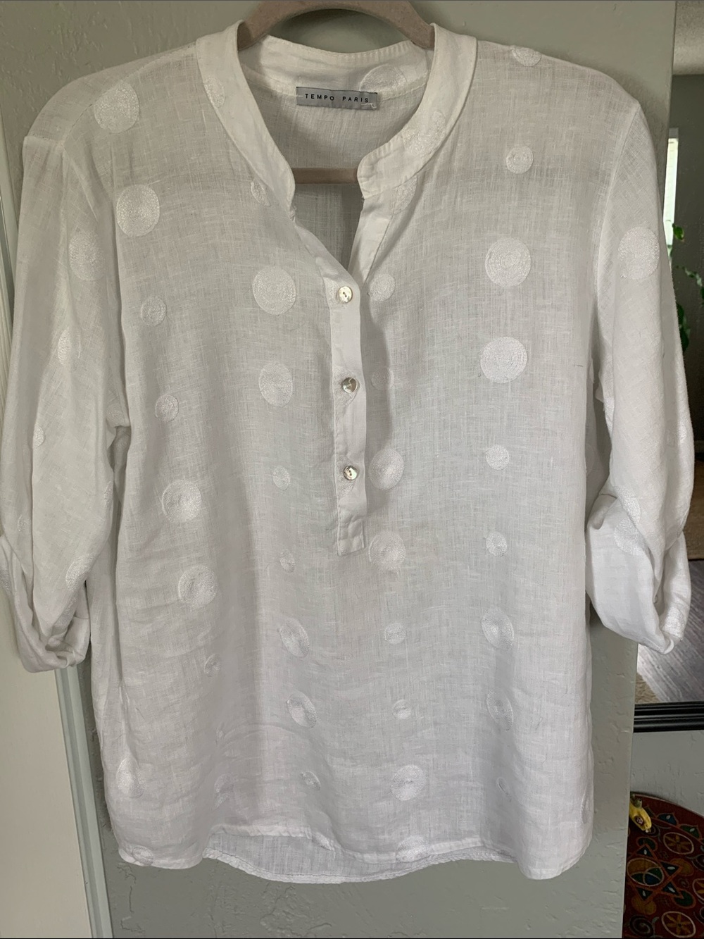 Tempo Paris White Embroidered Dotted Linen Shirt